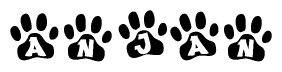 The image shows a row of animal paw prints, each containing a letter. The letters spell out the word Anjan within the paw prints.