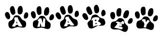 The image shows a row of animal paw prints, each containing a letter. The letters spell out the word Anabey within the paw prints.