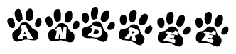 The image shows a series of animal paw prints arranged in a horizontal line. Each paw print contains a letter, and together they spell out the word Andree.