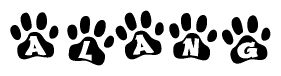 The image shows a row of animal paw prints, each containing a letter. The letters spell out the word Alang within the paw prints.