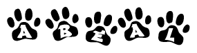 The image shows a row of animal paw prints, each containing a letter. The letters spell out the word Abeal within the paw prints.