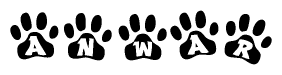 The image shows a series of animal paw prints arranged horizontally. Within each paw print, there's a letter; together they spell Anwar