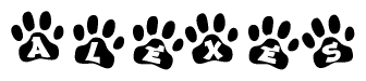 The image shows a row of animal paw prints, each containing a letter. The letters spell out the word Alexes within the paw prints.