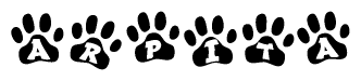 The image shows a series of animal paw prints arranged horizontally. Within each paw print, there's a letter; together they spell Arpita