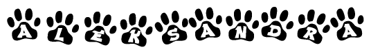The image shows a series of animal paw prints arranged horizontally. Within each paw print, there's a letter; together they spell Aleksandra