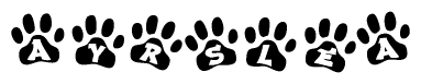 The image shows a series of animal paw prints arranged in a horizontal line. Each paw print contains a letter, and together they spell out the word Ayrslea.