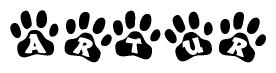 The image shows a series of animal paw prints arranged horizontally. Within each paw print, there's a letter; together they spell Artur