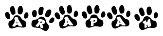 The image shows a row of animal paw prints, each containing a letter. The letters spell out the word Arapah within the paw prints.
