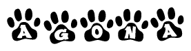 The image shows a series of animal paw prints arranged in a horizontal line. Each paw print contains a letter, and together they spell out the word Agona.