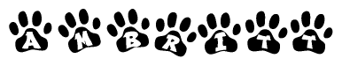 The image shows a series of animal paw prints arranged in a horizontal line. Each paw print contains a letter, and together they spell out the word Ambritt.