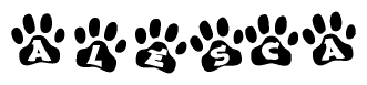The image shows a series of animal paw prints arranged in a horizontal line. Each paw print contains a letter, and together they spell out the word Alesca.