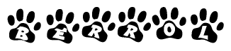 The image shows a series of animal paw prints arranged in a horizontal line. Each paw print contains a letter, and together they spell out the word Berrol.