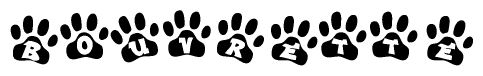The image shows a row of animal paw prints, each containing a letter. The letters spell out the word Bouvrette within the paw prints.