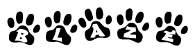The image shows a series of animal paw prints arranged in a horizontal line. Each paw print contains a letter, and together they spell out the word Blaze.