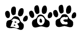 The image shows a row of animal paw prints, each containing a letter. The letters spell out the word Boc within the paw prints.
