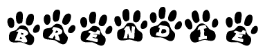 The image shows a series of animal paw prints arranged in a horizontal line. Each paw print contains a letter, and together they spell out the word Brendie.