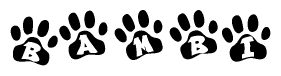 The image shows a series of animal paw prints arranged in a horizontal line. Each paw print contains a letter, and together they spell out the word Bambi.