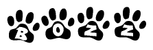 The image shows a row of animal paw prints, each containing a letter. The letters spell out the word Bozz within the paw prints.