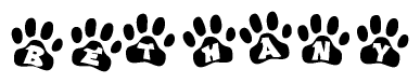 The image shows a row of animal paw prints, each containing a letter. The letters spell out the word Bethany within the paw prints.