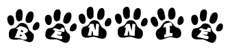 The image shows a series of animal paw prints arranged horizontally. Within each paw print, there's a letter; together they spell Bennie