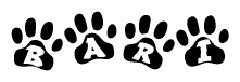 The image shows a series of animal paw prints arranged horizontally. Within each paw print, there's a letter; together they spell Bari