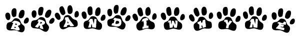 The image shows a series of animal paw prints arranged in a horizontal line. Each paw print contains a letter, and together they spell out the word Brandiwhyne.