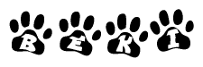 The image shows a series of animal paw prints arranged horizontally. Within each paw print, there's a letter; together they spell Beki