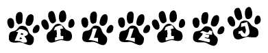 The image shows a series of animal paw prints arranged in a horizontal line. Each paw print contains a letter, and together they spell out the word Billiej.