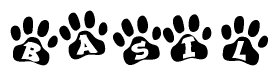 The image shows a row of animal paw prints, each containing a letter. The letters spell out the word Basil within the paw prints.