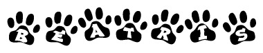 The image shows a row of animal paw prints, each containing a letter. The letters spell out the word Beatris within the paw prints.