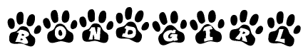 The image shows a series of animal paw prints arranged in a horizontal line. Each paw print contains a letter, and together they spell out the word Bondgirl.