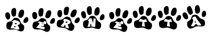 The image shows a row of animal paw prints, each containing a letter. The letters spell out the word Bernetta within the paw prints.