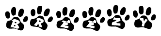 The image shows a row of animal paw prints, each containing a letter. The letters spell out the word Breezy within the paw prints.