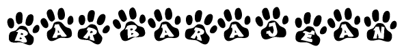 The image shows a series of animal paw prints arranged in a horizontal line. Each paw print contains a letter, and together they spell out the word Barbarajean.