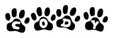 The image shows a series of animal paw prints arranged horizontally. Within each paw print, there's a letter; together they spell Cody