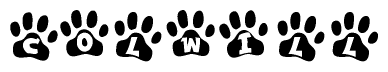 The image shows a series of animal paw prints arranged in a horizontal line. Each paw print contains a letter, and together they spell out the word Colwill.