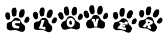 The image shows a series of animal paw prints arranged in a horizontal line. Each paw print contains a letter, and together they spell out the word Clover.