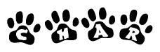 The image shows a row of animal paw prints, each containing a letter. The letters spell out the word Char within the paw prints.