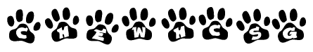 The image shows a series of animal paw prints arranged horizontally. Within each paw print, there's a letter; together they spell Chewhcsg