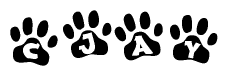 The image shows a series of animal paw prints arranged horizontally. Within each paw print, there's a letter; together they spell Cjay