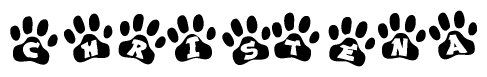 The image shows a series of animal paw prints arranged horizontally. Within each paw print, there's a letter; together they spell Christena