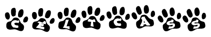 The image shows a series of animal paw prints arranged horizontally. Within each paw print, there's a letter; together they spell Celtcass