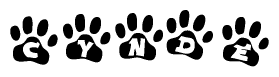 The image shows a series of animal paw prints arranged in a horizontal line. Each paw print contains a letter, and together they spell out the word Cynde.