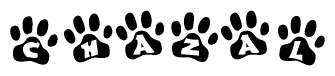 The image shows a row of animal paw prints, each containing a letter. The letters spell out the word Chazal within the paw prints.