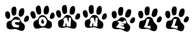 The image shows a series of animal paw prints arranged in a horizontal line. Each paw print contains a letter, and together they spell out the word Connell.