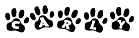 The image shows a row of animal paw prints, each containing a letter. The letters spell out the word Carly within the paw prints.
