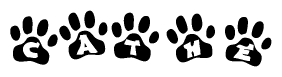 The image shows a row of animal paw prints, each containing a letter. The letters spell out the word Cathe within the paw prints.
