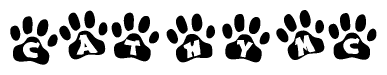 The image shows a series of animal paw prints arranged in a horizontal line. Each paw print contains a letter, and together they spell out the word Cathymc.