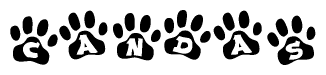 The image shows a series of animal paw prints arranged horizontally. Within each paw print, there's a letter; together they spell Candas