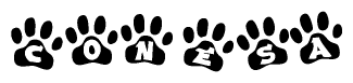 The image shows a row of animal paw prints, each containing a letter. The letters spell out the word Conesa within the paw prints.